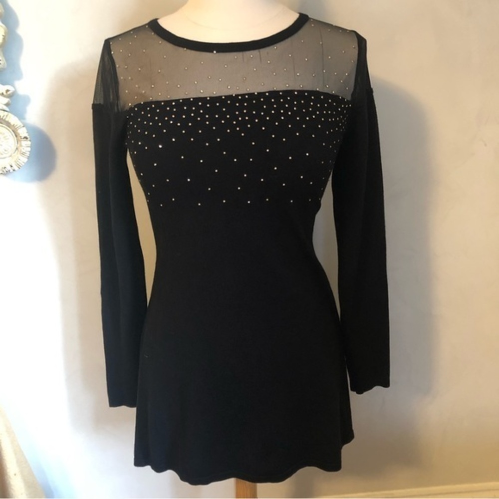Belldini black sweater knit tunic/dress w/gold sparkles and sheer top size Small